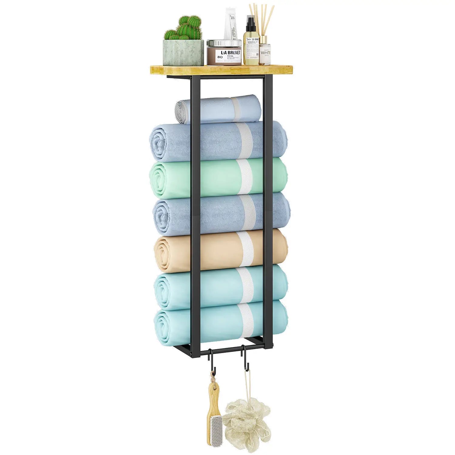 Space-Saving Wood Double Tier Bathroom Wall Mounted Bath Towel Rack Toilet Storage Shelf for Household Use