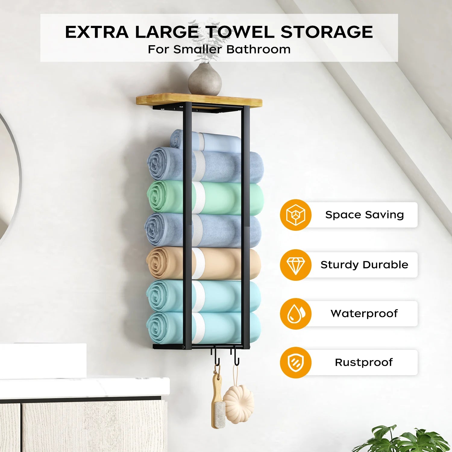 Space-Saving Wood Double Tier Bathroom Wall Mounted Bath Towel Rack Toilet Storage Shelf for Household Use