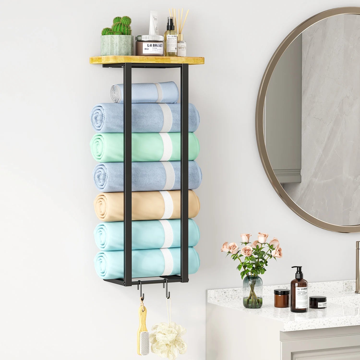Space-Saving Wood Double Tier Bathroom Wall Mounted Bath Towel Rack Toilet Storage Shelf for Household Use