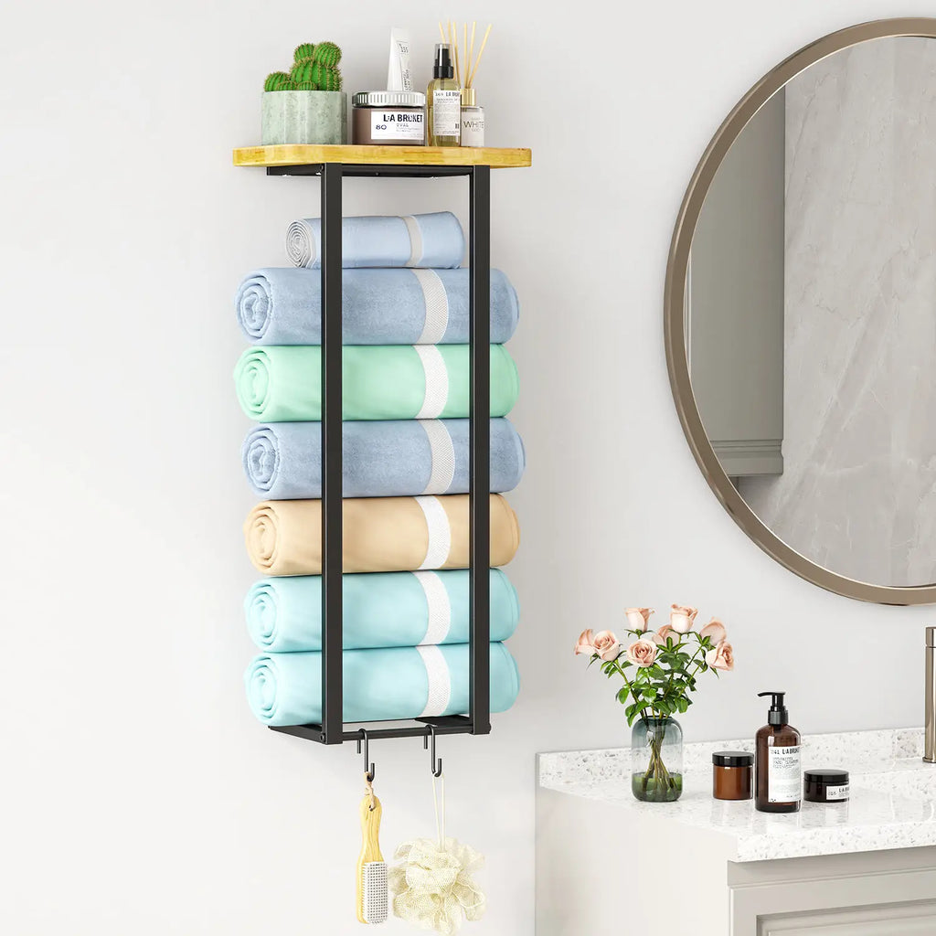 Space-Saving Wood Double Tier Bathroom Wall Mounted Bath Towel Rack Toilet Storage Shelf for Household Use