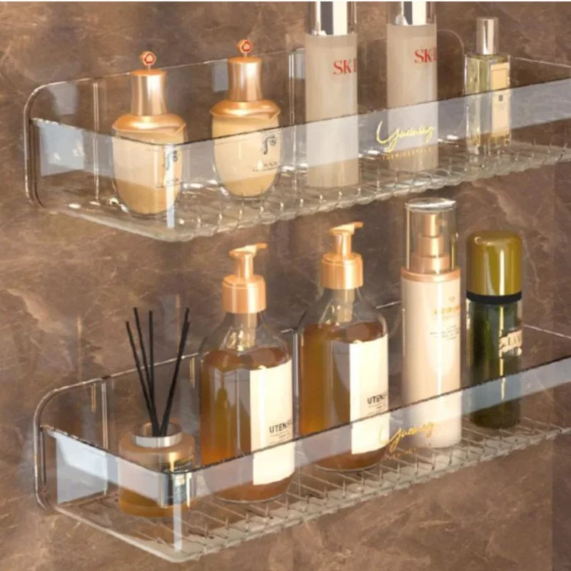 Bathroom White Shelf Rack Wall-mounted Washbasin No-punch Washroom Wall Mounted Cosmetic Storage Transparent Shelf Organiser
