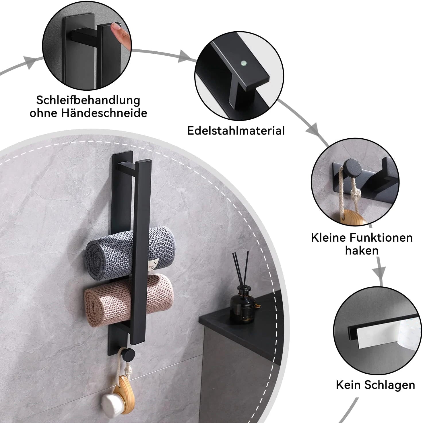 40cm Self Adhesive Towel Rack With Hooks Stainless Steel Towel Holder Wall Mounted No Drilling Bathroom Kitchen Accessories