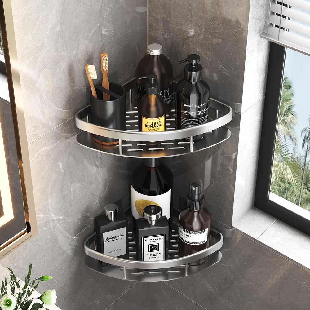 Bathroom Shelf No Drill Wall Mounted Shampoo Bottle Shower Corner Rack Toilet Storage Rack Aluminum Bathroom Kitchen Accessories