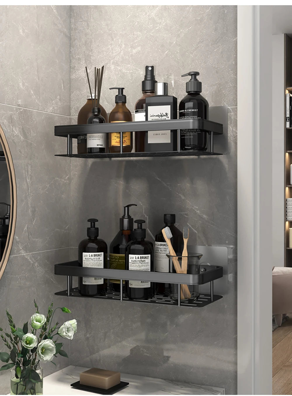 Bathroom Shelf No Drill Wall Mounted Shampoo Bottle Shower Corner Rack Toilet Storage Rack Aluminum Bathroom Kitchen Accessories