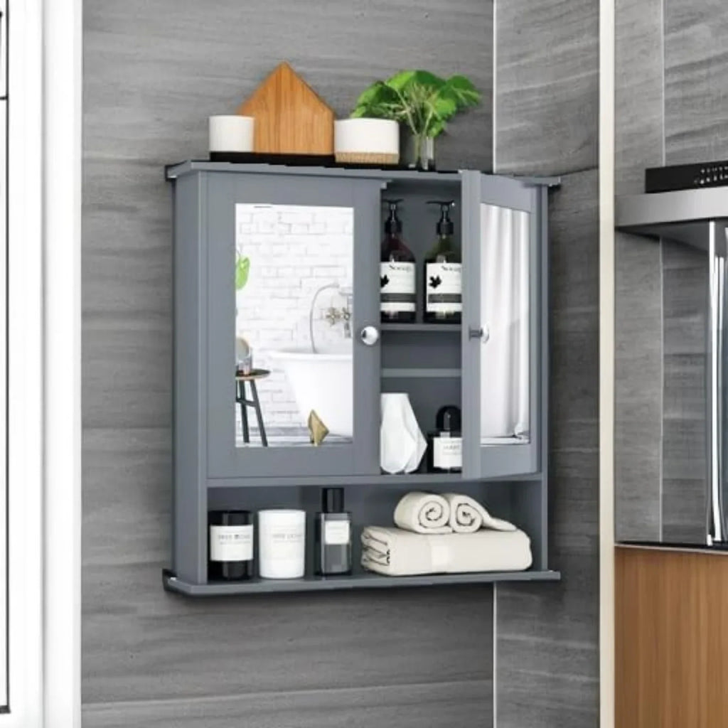 Bathroom Cabinet Wall Mounted with Double Mirror Doors, Wooden Hanging Organizer with Doors and Shelves, Bathroom Wall Mirror
