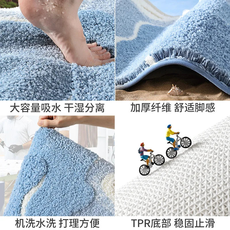 Bathroom Mat, Absorbent Anti Slip, Dirt Resistant Door Mat for Bathroom Entrance,Foot Mat, Flocking, Wave Shaped,Home Decoration