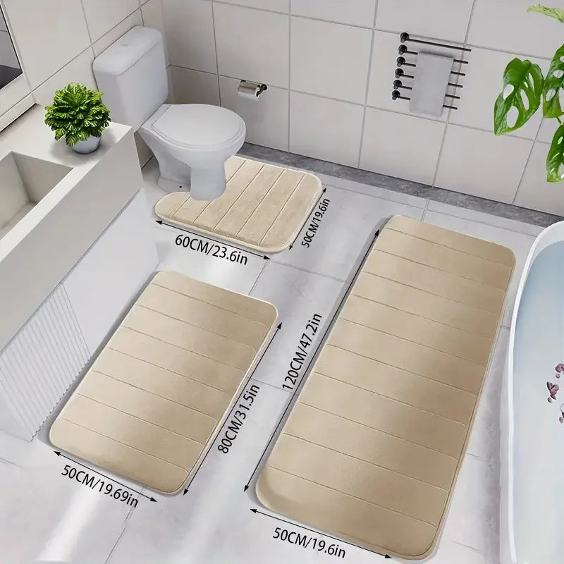 Bathroom Three-piece Set Household Non-slip Floor Mats Solid Color Quilted Bathroom Absorbent Carpet Mats