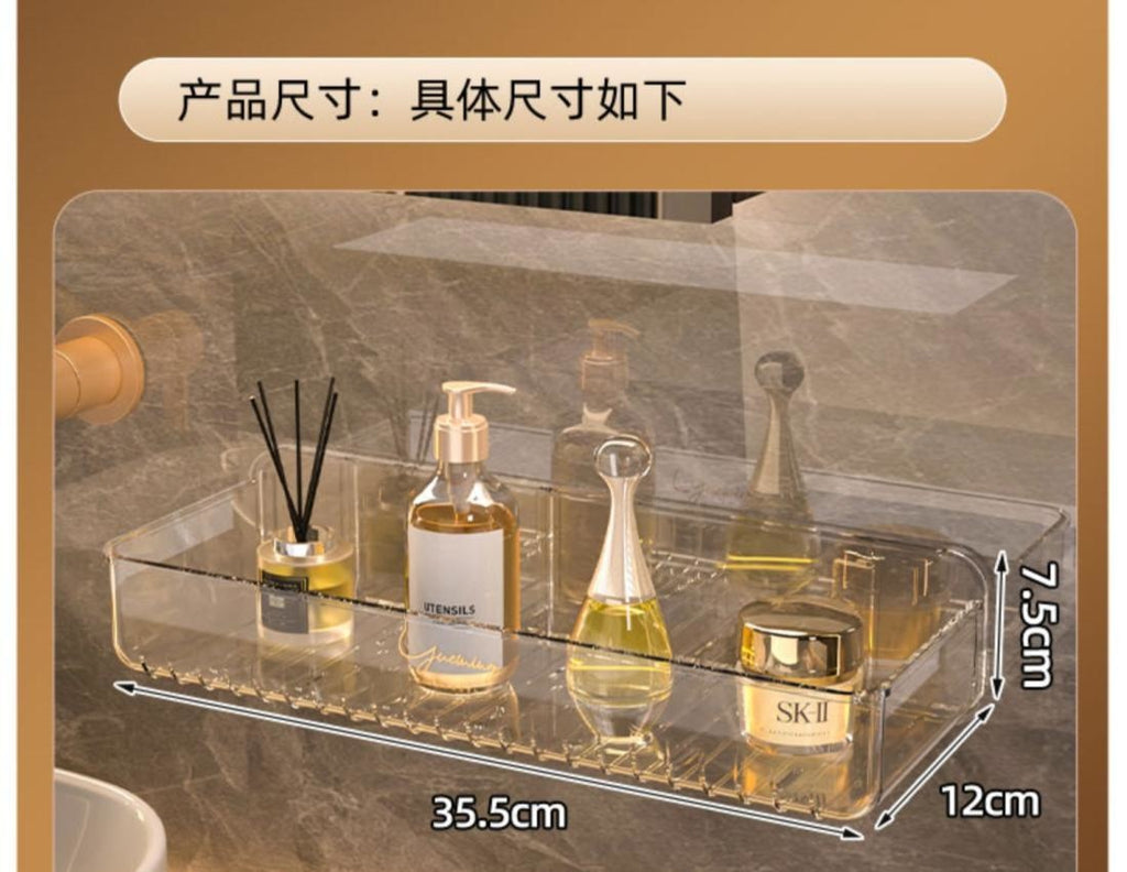 Bathroom White Shelf Rack Wall-mounted Washbasin No-punch Washroom Wall Mounted Cosmetic Storage Transparent Shelf Organiser