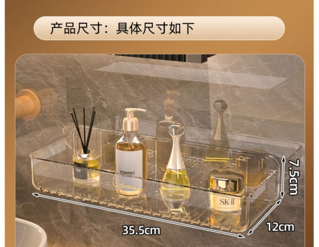 Bathroom White Shelf Rack Wall-mounted Washbasin No-punch Washroom Wall Mounted Cosmetic Storage Transparent Shelf Organiser