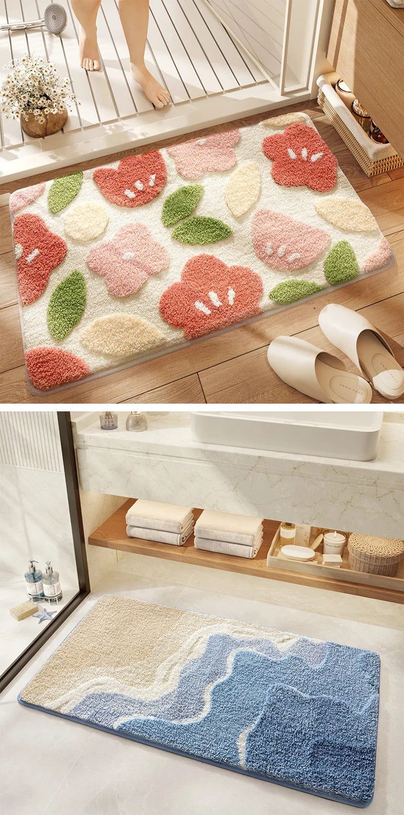 Bathroom Mat, Absorbent Anti Slip, Dirt Resistant Door Mat for Bathroom Entrance,Foot Mat, Flocking, Wave Shaped,Home Decoration