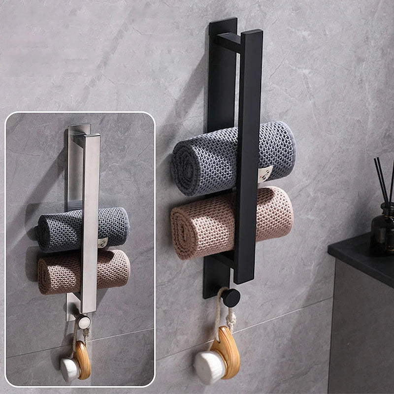 40cm Self Adhesive Towel Rack With Hooks Stainless Steel Towel Holder Wall Mounted No Drilling Bathroom Kitchen Accessories